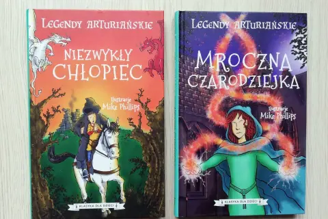 Dwie okładki książek z serii "Legendy Arturiańskie": "Niezwykły chłopiec" z rycerzem i smokami, oraz "Mroczna czarodziejka" z magią, nawiązujące do legend Camelotu.