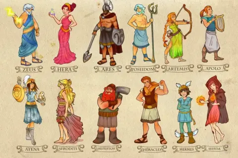 Bogini piękna Afrodyta, obok innych greckich bogów i herosów, takich jak Zeus, Hera, Ares, Posejdon, Artemida, Apollo, Atena, Hefajstos, Herakles, Hermes i Hestia.