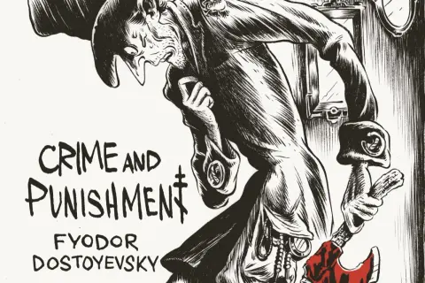Mroczna ilustracja do "Zbrodni i Kary" Dostojewskiego. Postać z toporem, jakby po zbrodni, z wyrazem cierpienia. Może to być Raskolnikow, który popełnił zbrodnię, a teraz czuje się jak w marmieladowym śnie.