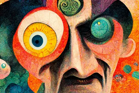 Surrealistyczne dadaizm przykłady: twarz z wielkimi, kolorowymi oczami i wirującymi kształtami.