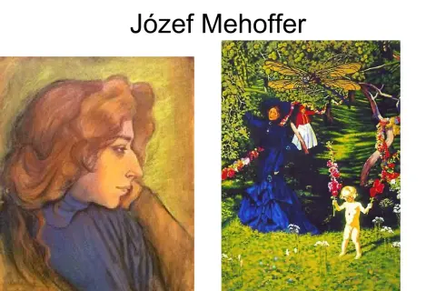 Dwa obrazy Józefa Mehoffera w stylu malarstwa secesyjnego: portret kobiety i scena z dziećmi w ogrodzie pod wielką ważką.
