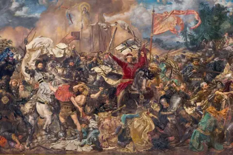 Bitwa pod Grunwaldem, jedno z najsłynniejszych polskich obrazów, ukazuje heroiczny bój rycerzy.