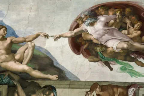 Stworzenie Adama, scena jak z powieści Irvinga Stone'a "Pasja i ekstaza", gdzie Bóg tchnie życie w człowieka.