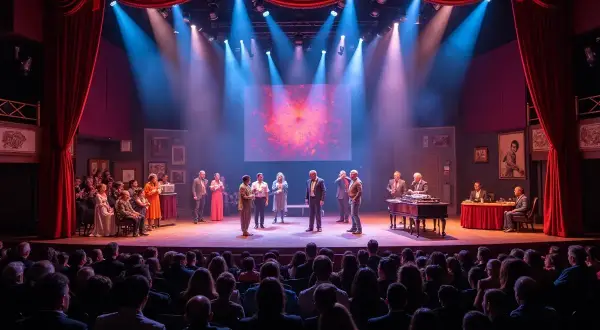 Scena teatralna z aktorami w strojach z epoki, grającymi w jednym z wielu wspaniałych **teatr spektakle**. Widownia wpatrzona w wydarzenia.