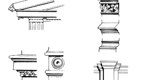 Rysunki detali architektonicznych: gzyms, kapitel z liśćmi, baza kolumny i fragment belkowania. Ilustracja porządki architektoniczne.