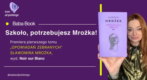 Kobieta prezentuje tom „Opowiadań zebranych” Sławomira Mrożka. To dramat, który wciąga w swój świat.