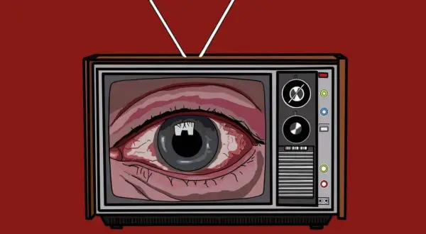 Telewizor z wielkim, czerwonym okiem zamiast ekranu. To symbol, jak policja myśli o kontroli i inwigilacji.