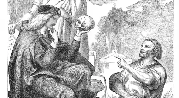 Hamlet, polski obraz. Książę rozważa czaszkę, podczas gdy Horacy wskazuje na coś w oddali.