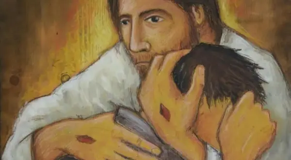 Jezus pociesza wątpiącego Tomasza, pokazując mu swoje stygmaty.