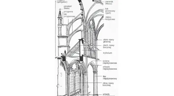 Przekrój architektoniczny ukazujący system odciążający i konstrukcję ściany w stylu gotyk, z elementami jak przypory, łuki i żebra krzyżowe.