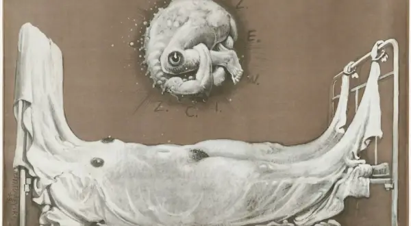 Surrealistyczne obrazy Starowieyskiego: groteskowa postać nad łóżkiem, litery R.O.Z.E.W.Z.C.I. i napis "Małe Małżeństwo".