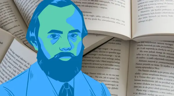 Stylizowany portret Fiodora Dostojewskiego na tle otwartej książki. Fiodor Dostojewski biografia.