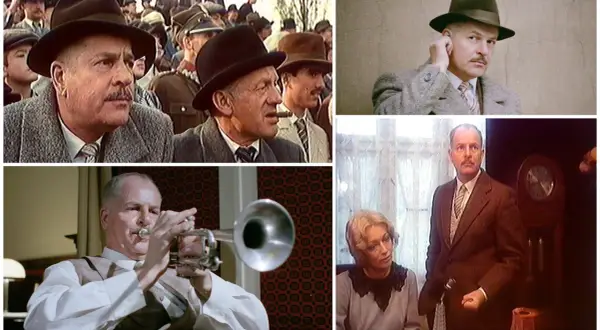 Kadr z filmu "Vabank". Reżyser Juliusz Machulski w różnych wcieleniach, grający na trąbce i w eleganckim kapeluszu.