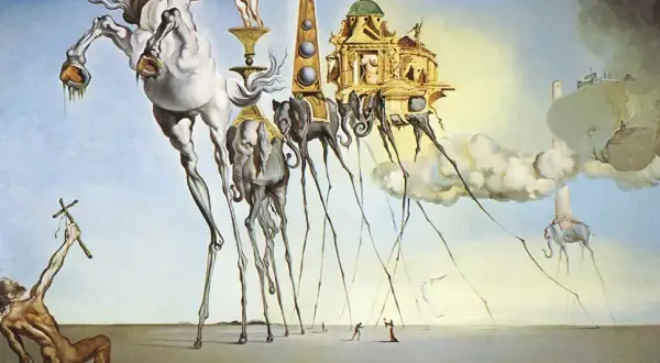 Długonogie słonie niosące budowle i koń na cienkich nogach, to klasyczny przykład surrealizmu.