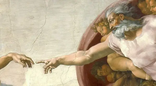 Boska iskra życia. Stworzenie Adama interpretacja Michała Anioła, gdzie Bóg tchnie życie w człowieka.