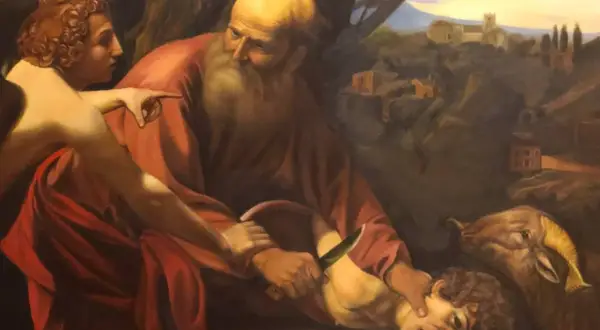 Abraham powstrzymany przed ofiarowaniem Izaaka. Baranek czeka obok.