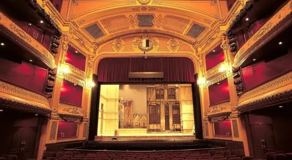 Widok na salę teatralną z rzędami czerwonych foteli i sceną z dekoracjami.