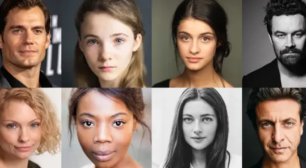 Portrety aktorów z serialu Wiedźmin: Henry Cavill, Freya Allan, Anya Chalotra, Joey Batey, Mimi Ndiweni, Anna Shaffer, Therica Wilson-Read.