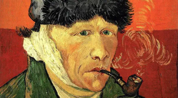Van Gogh obrazy najsłynniejsze: autoportret z zabandażowanym uchem i fajką, namalowany z charakterystyczną ekspresją.