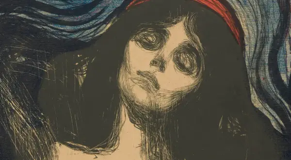 Intensywny portret kobiety z krwawą opaską na głowie, w stylu Edvard Munch Madonna.