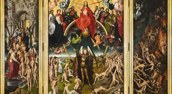 Tryptyk ukazujący Sąd Ostateczny. Symbolizm w malarstwie przykłady: zbawieni w niebie, cierpiący w piekle, archanioł Michał ważący dusze.