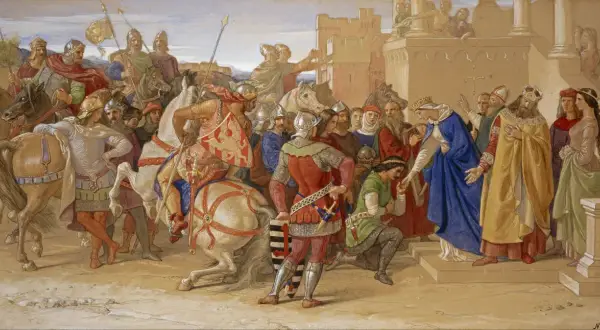 Rycerze Okrągłego Stołu w zbrojach i z tarczami, wśród nich królowie i damy, przygotowują się do ceremonii.