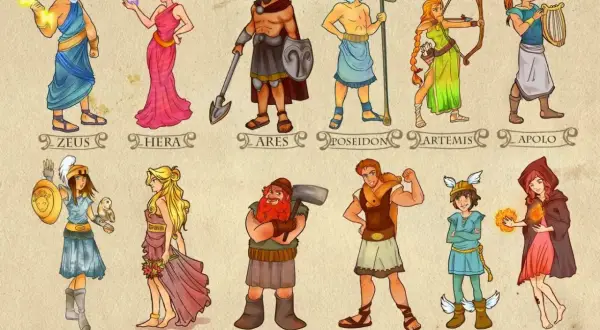 Bogini piękna Afrodyta, obok innych greckich bogów i herosów, takich jak Zeus, Hera, Ares, Posejdon, Artemida, Apollo, Atena, Hefajstos, Herakles, Hermes i Hestia.