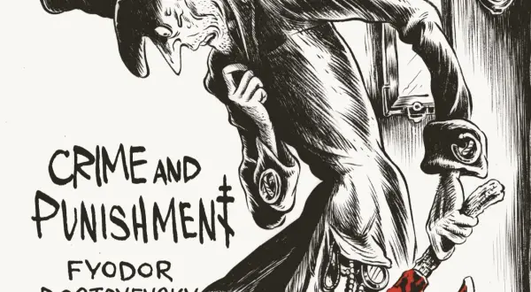 Mroczna ilustracja do "Zbrodni i Kary" Dostojewskiego. Postać z toporem, jakby po zbrodni, z wyrazem cierpienia. Może to być Raskolnikow, który popełnił zbrodnię, a teraz czuje się jak w marmieladowym śnie.