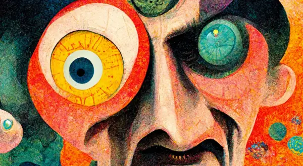 Surrealistyczne dadaizm przykłady: twarz z wielkimi, kolorowymi oczami i wirującymi kształtami.