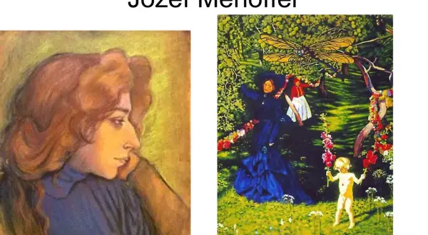 Dwa obrazy Józefa Mehoffera w stylu malarstwa secesyjnego: portret kobiety i scena z dziećmi w ogrodzie pod wielką ważką.