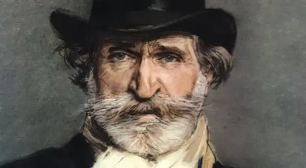 Portret mężczyzny z siwą brodą i wąsami, w cylindrze. To Giuseppe Verdi, słynny kompozytor.