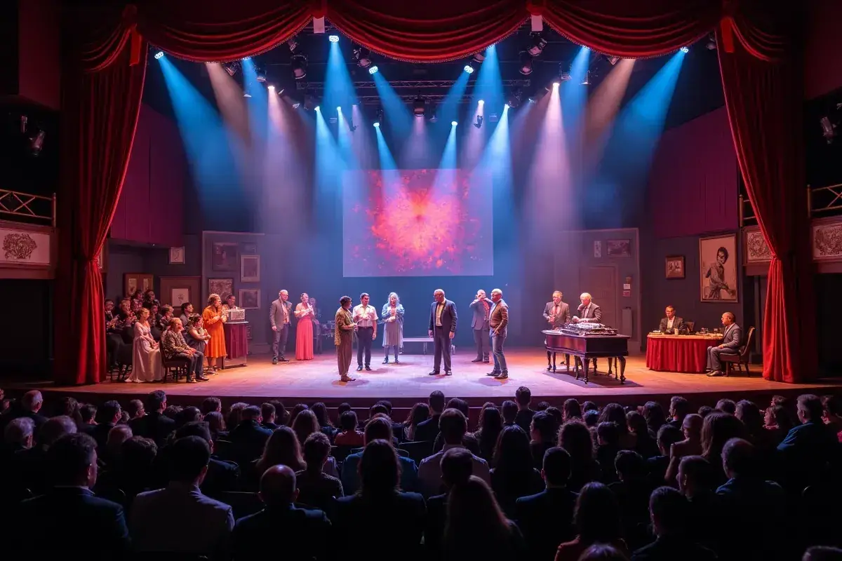 Scena teatralna z aktorami w strojach z epoki, grającymi w jednym z wielu wspaniałych **teatr spektakle**. Widownia wpatrzona w wydarzenia.