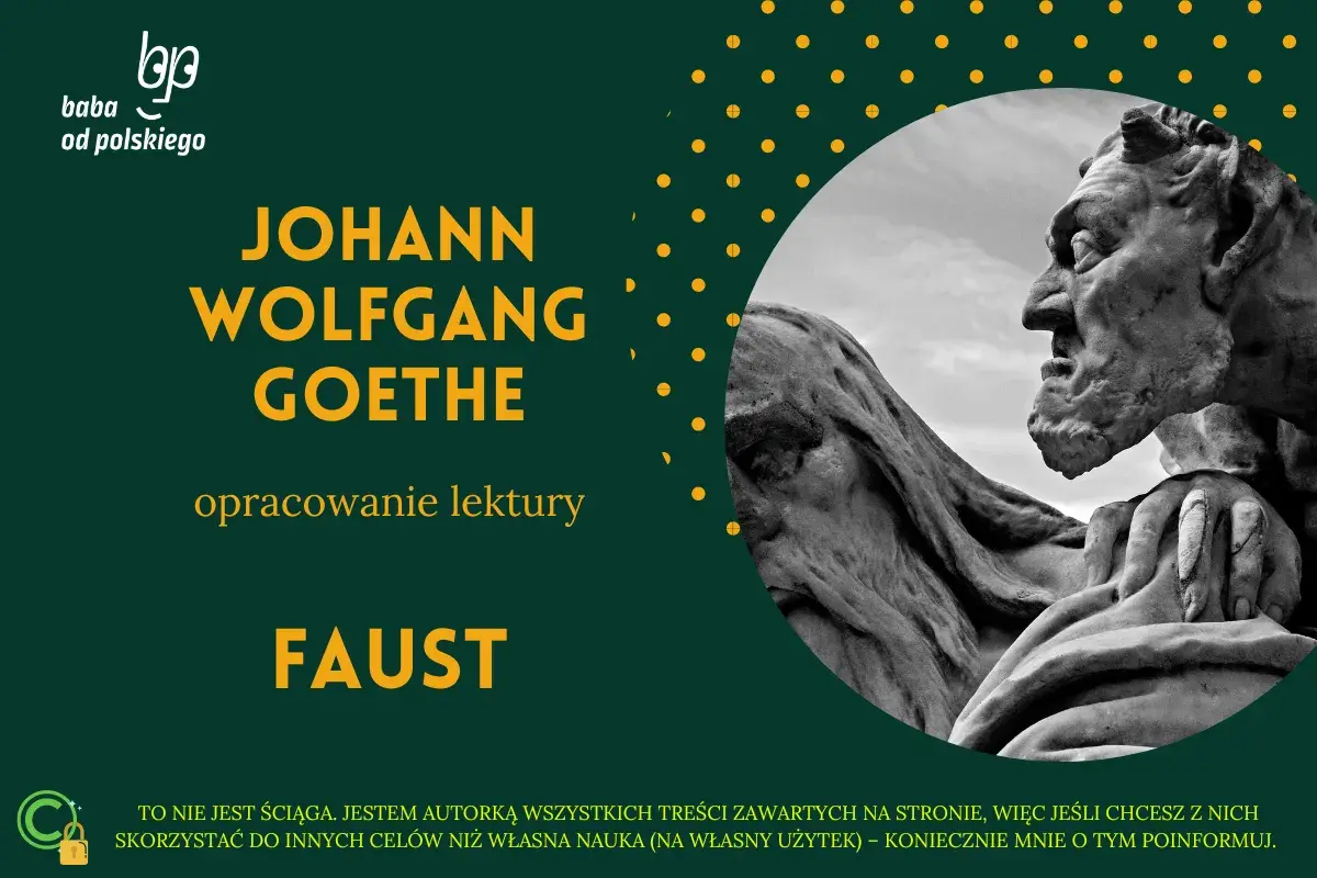 Opracowanie lektury "Faust" Johanna Wolfganga Goethego. Rzeźba przedstawia diabła i człowieka, symbolizując dylematy Fausta.