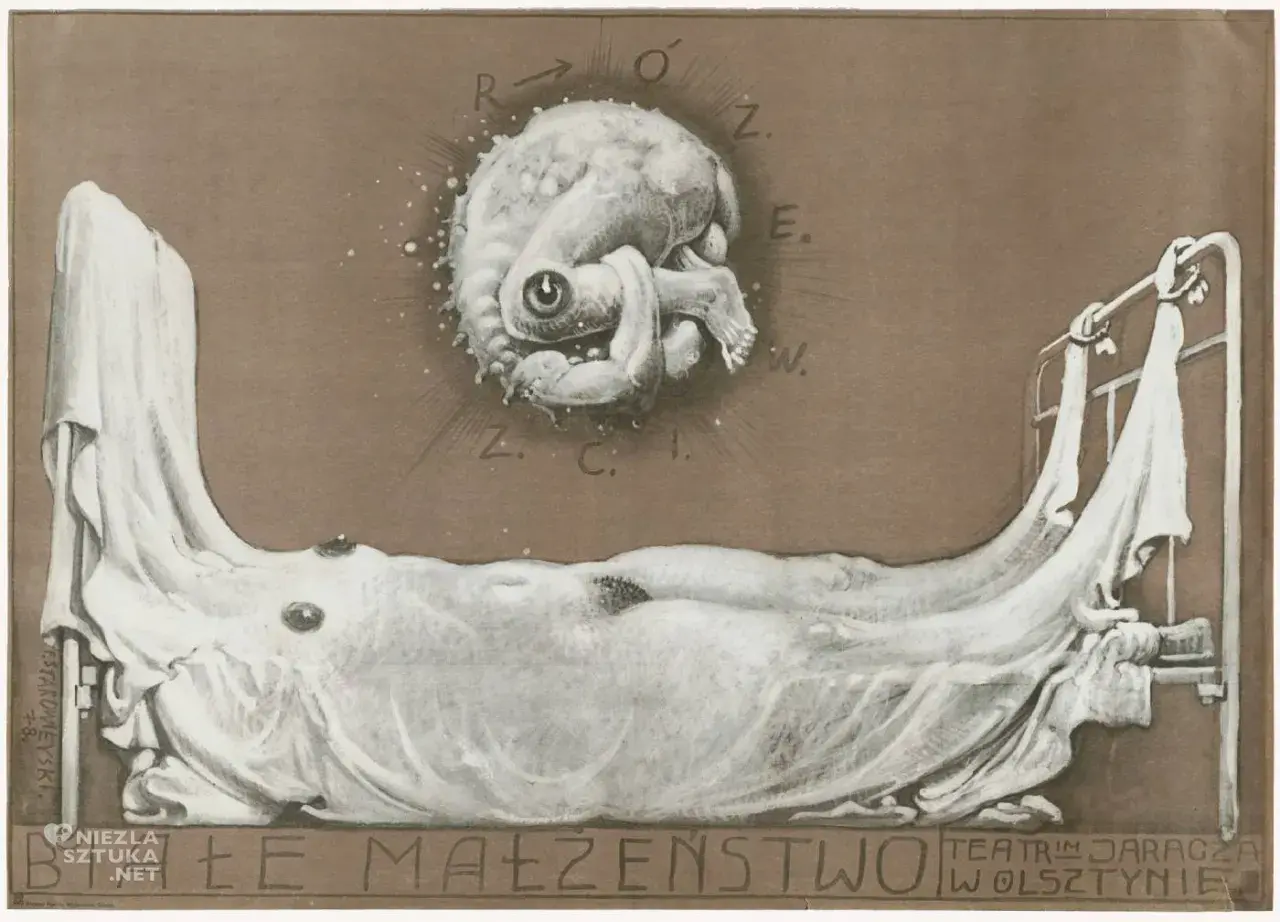 Surrealistyczne obrazy Starowieyskiego: groteskowa postać nad łóżkiem, litery R.O.Z.E.W.Z.C.I. i napis "Małe Małżeństwo".