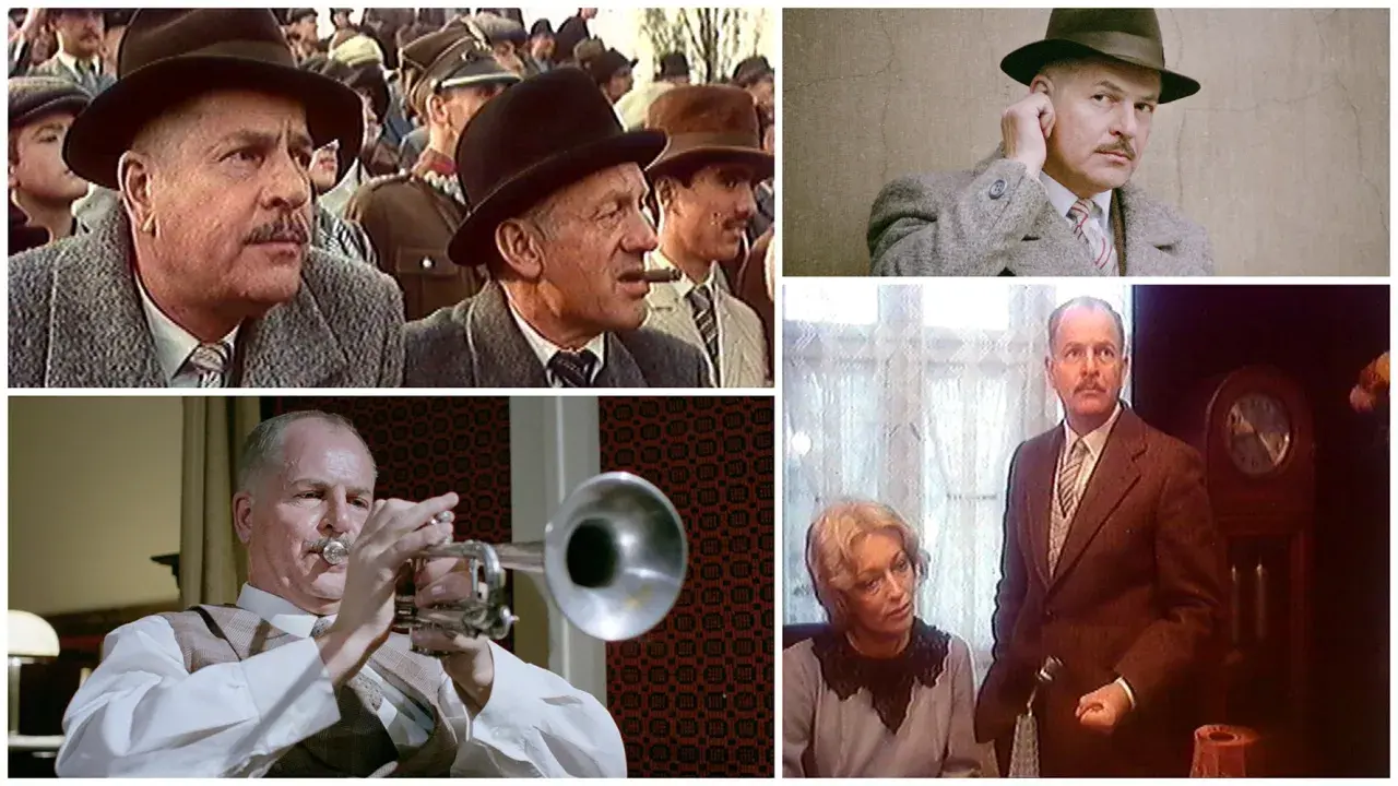 Kadr z filmu "Vabank". Reżyser Juliusz Machulski w różnych wcieleniach, grający na trąbce i w eleganckim kapeluszu.