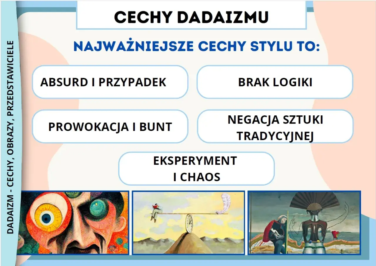 Dadaizm - cechy, obrazy, przedstawiciele. Styl charakteryzuje absurd, brak logiki, prowokacja i bunt. Obrazy odzwierciedlają chaos i eksperyment.