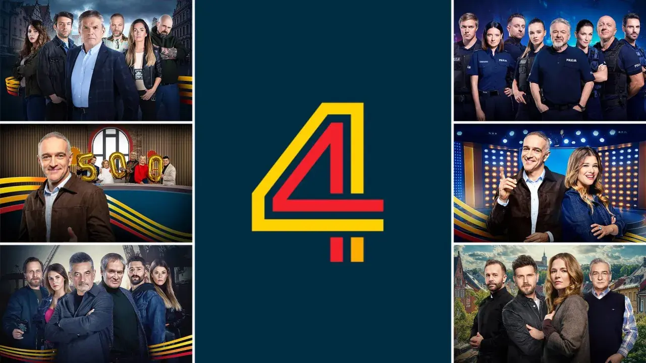 Kolaż zdjęć z seriali z udziałem polskich aktorów serialowych. W centrum logo kanału.