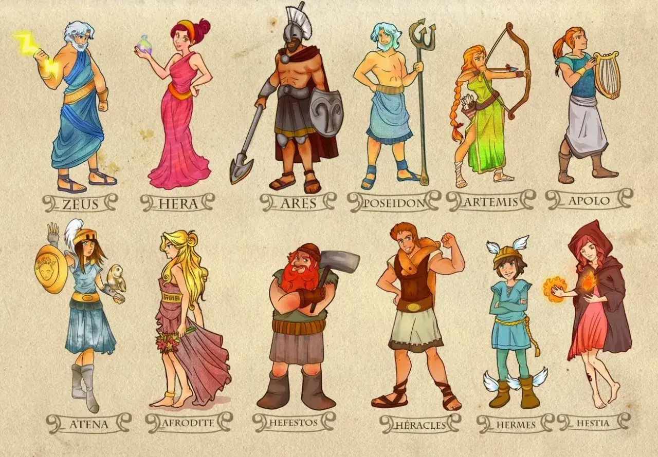 Bogini piękna Afrodyta, obok innych greckich bogów i herosów, takich jak Zeus, Hera, Ares, Posejdon, Artemida, Apollo, Atena, Hefajstos, Herakles, Hermes i Hestia.