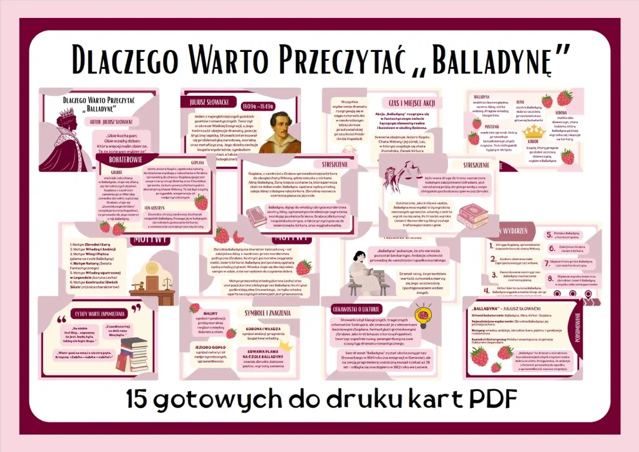 Balladyna: miejsce akcji to fantastyczne okolice Gniezna, łączące świat realny i baśniowy. Krwawa plama na czole Balladyny symbolizuje zbrodnię.