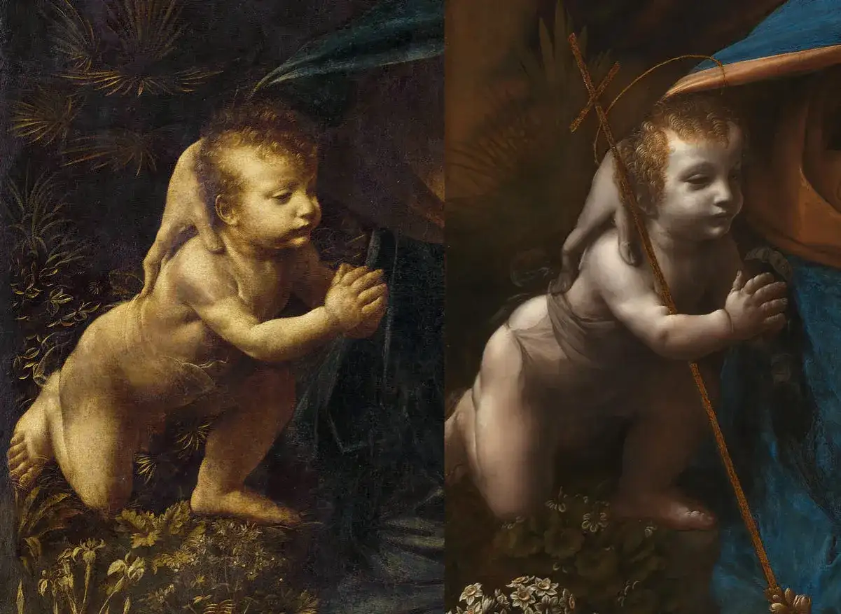 Dzieciątko Jezus klęczy, modląc się, w otoczeniu roślinności. Obok niego widać fragment dłoni Matki Boskiej, jak w obrazie "Madonna ze skał".