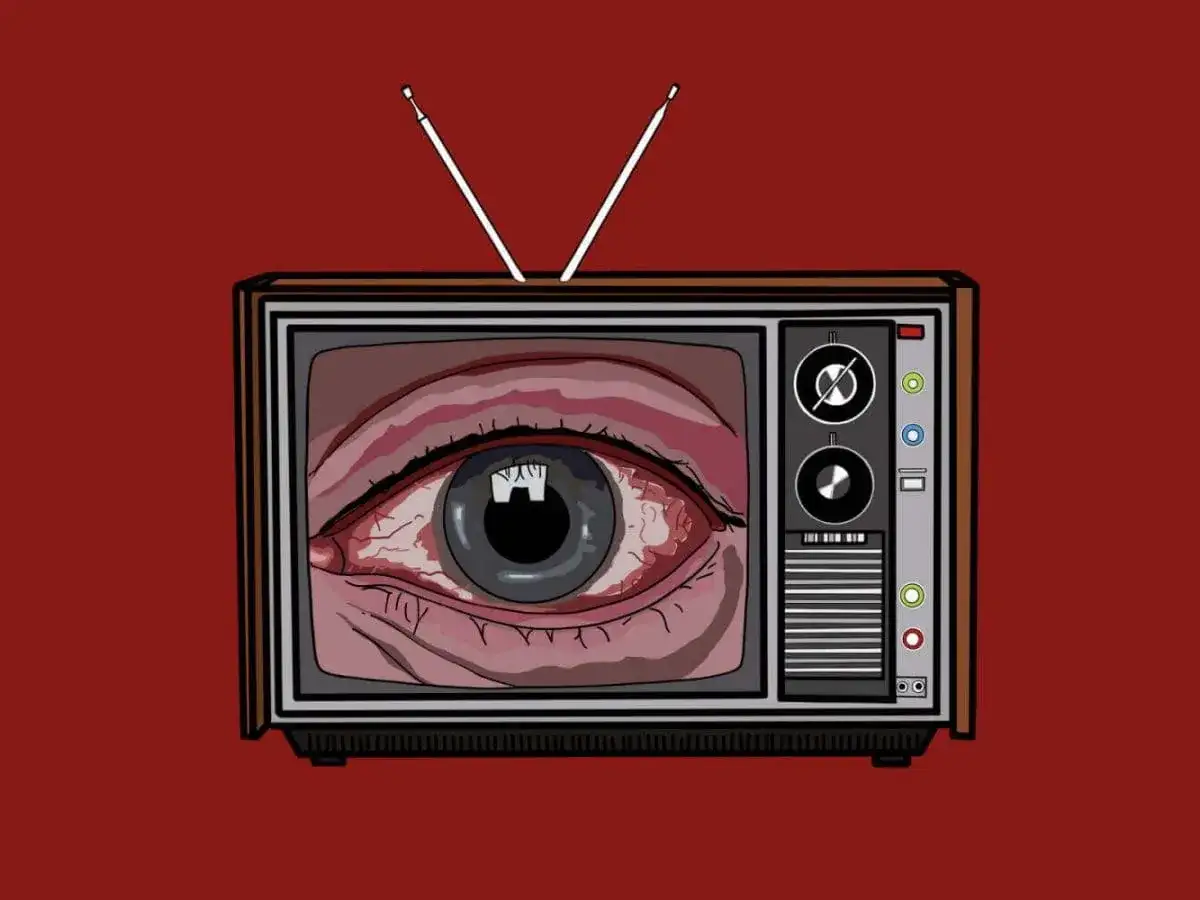 Telewizor z wielkim, czerwonym okiem zamiast ekranu. To symbol, jak policja myśli o kontroli i inwigilacji.