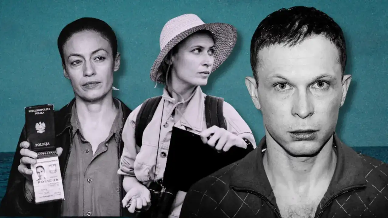 Trzy postacie z filmów i seriali Jana Holoubka: kobieta z legitymacją policji, podróżniczka w kapeluszu i mężczyzna o intensywnym spojrzeniu.