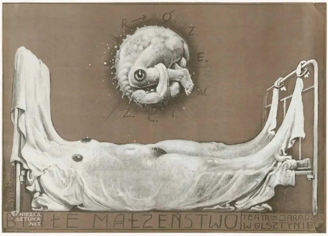 Surrealistyczne obrazy Starowieyskiego: groteskowa postać nad łóżkiem, litery R.O.Z.E.W.Z.C.I. i napis "Małe Małżeństwo".