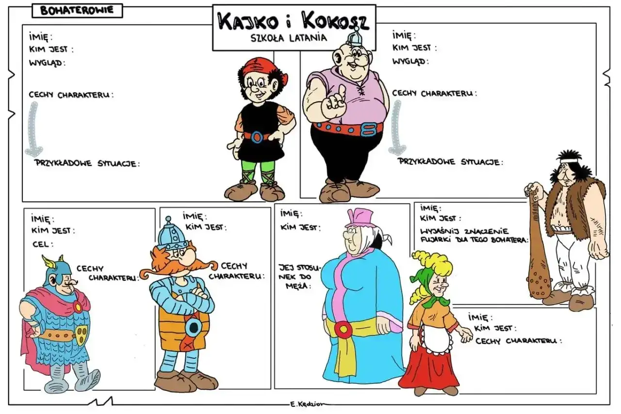 Postacie z Kajko i Kokosz Szkoła Latania: Kajko, Kokosz, Hegemon, Miluś, Jaga, Krwawy. Opis ich cech i sytuacji.