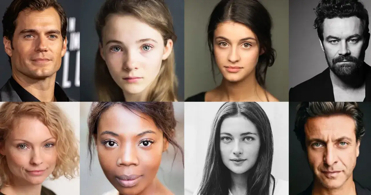 Portrety aktorów z serialu Wiedźmin: Henry Cavill, Freya Allan, Anya Chalotra, Joey Batey, Mimi Ndiweni, Anna Shaffer, Therica Wilson-Read.
