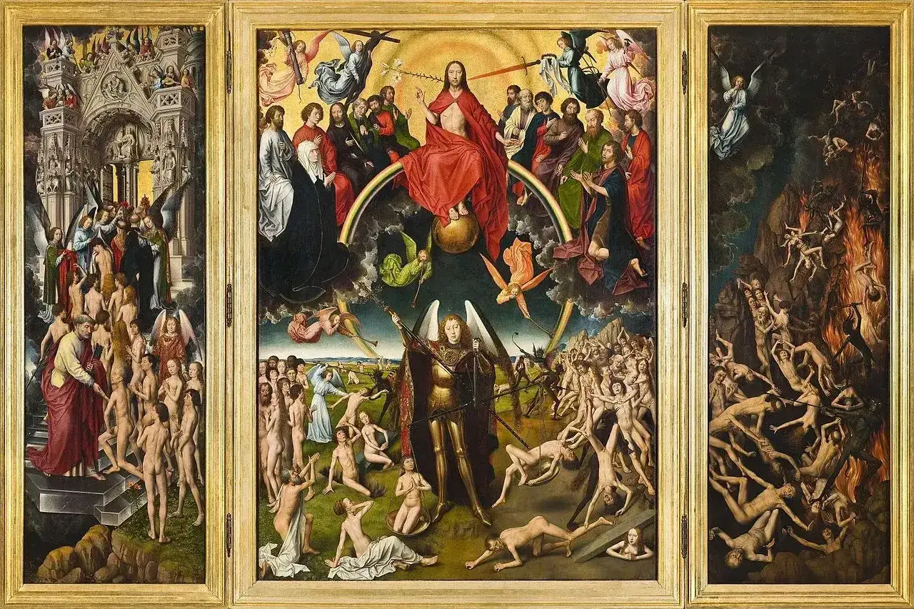 Tryptyk ukazujący Sąd Ostateczny. Symbolizm w malarstwie przykłady: zbawieni w niebie, cierpiący w piekle, archanioł Michał ważący dusze.