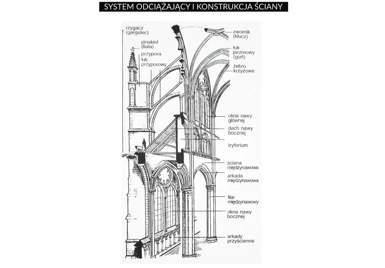 Przekrój architektoniczny ukazujący system odciążający i konstrukcję ściany w stylu gotyk, z elementami jak przypory, łuki i żebra krzyżowe.