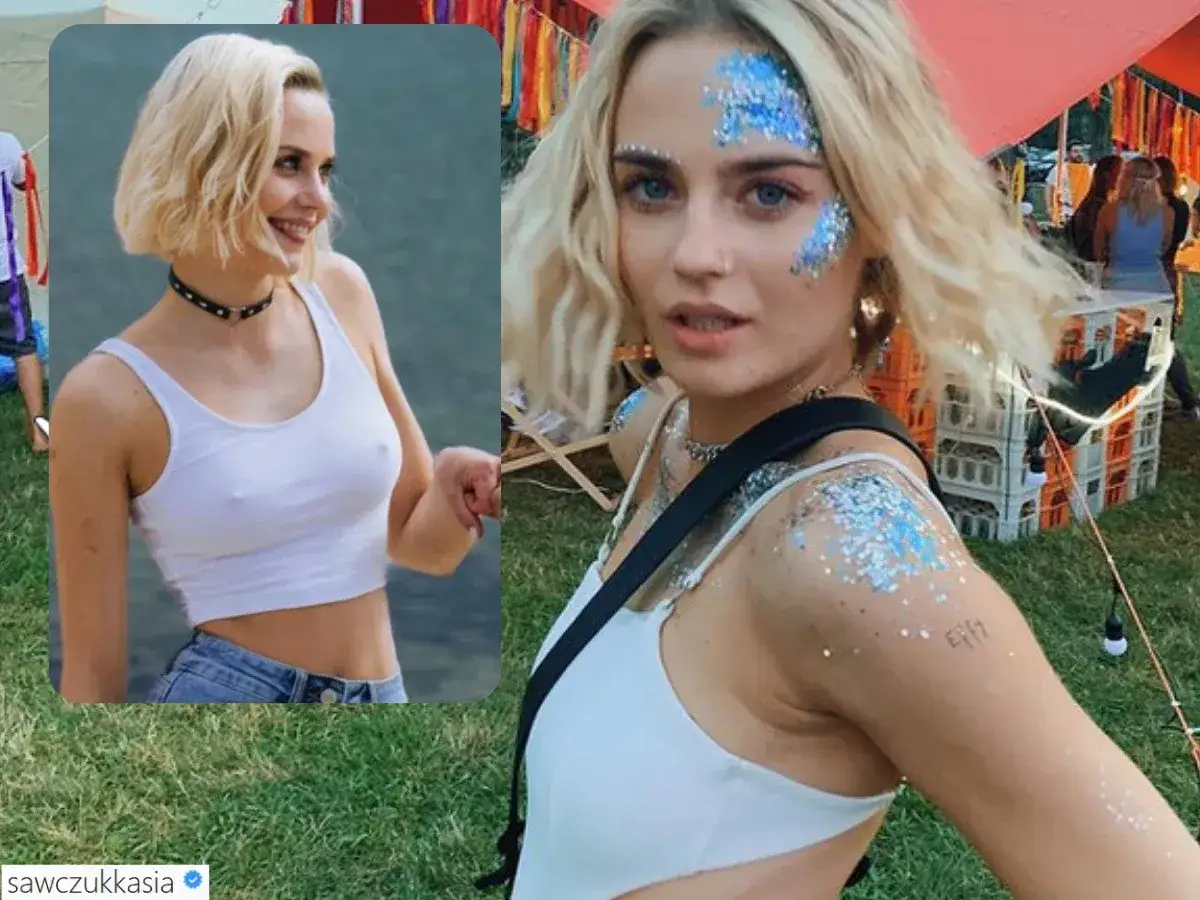 Katarzyna Sawczuk na festiwalu, w białym topie i z błyszczącym makijażem. Jej filmy często pokazują ją w podobnych, radosnych momentach.