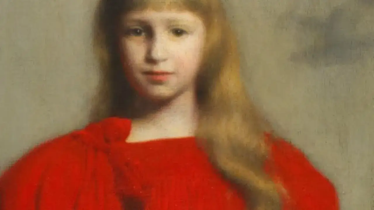 Portret dziewczynki w czerwonej sukience, z jasnymi włosami opadającymi na ramiona. Jej spojrzenie jest łagodne, a usta lekko rozchylone.