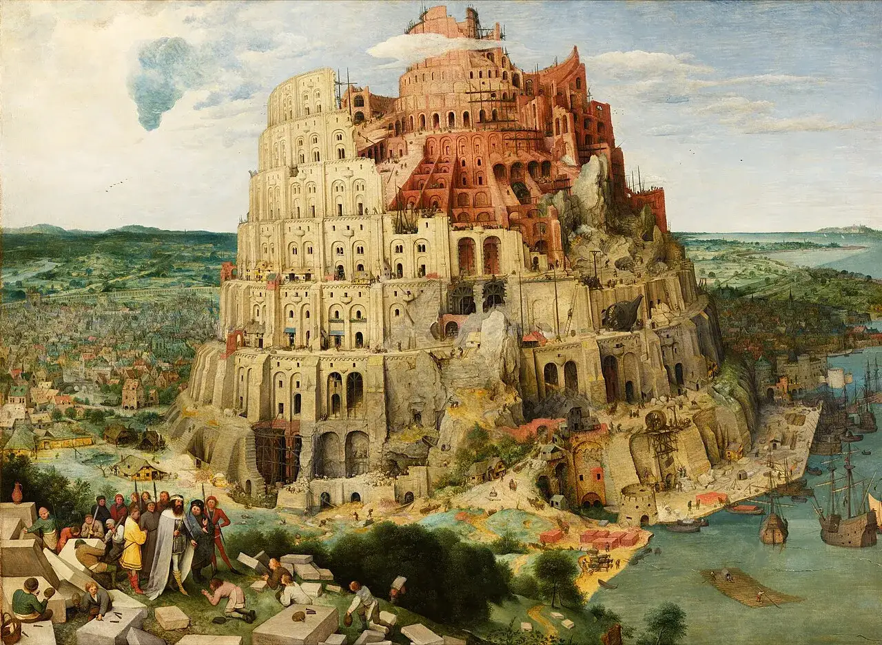 Monumentalna wieża Babel wznosi się ku niebu, otoczona miastem i morzem. Dzieło przedstawia biblijną opowieść o pychy i karze.